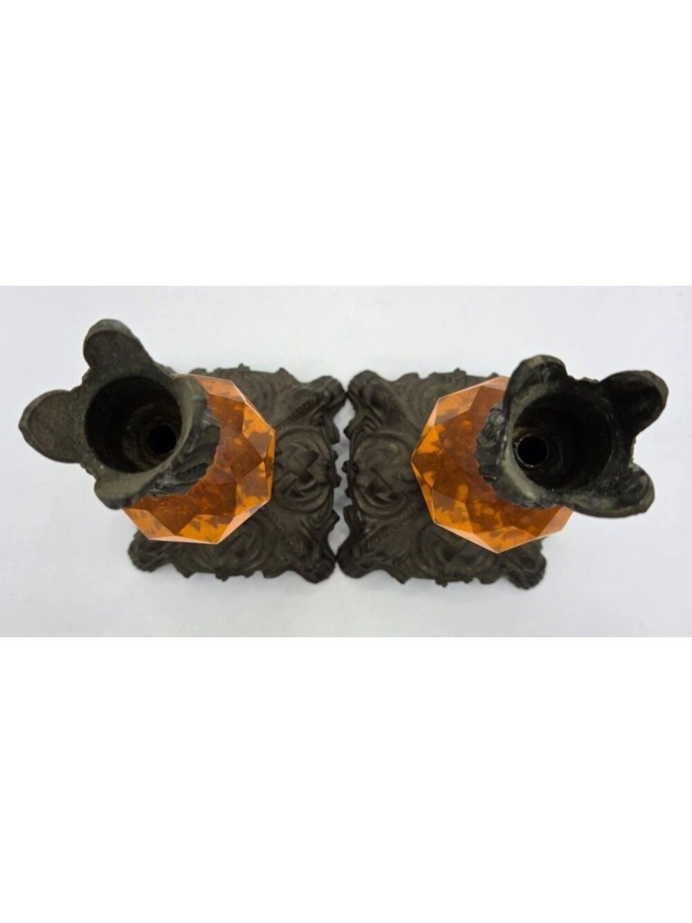 Vtg Hollywood Regency Cast Metal Amber Glass Candle Holders Pair Tulip Top 8" - Picture 9 of 12